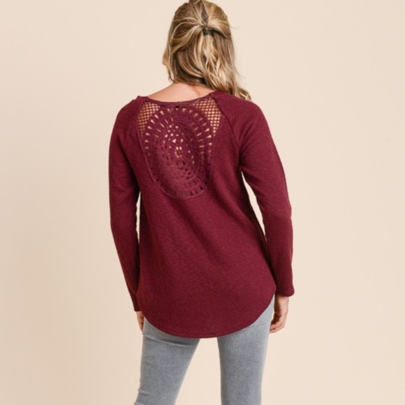 Doe & Rae Burgundy Sweater Crochet Back Ribbed NWT - Picture 2 of 7